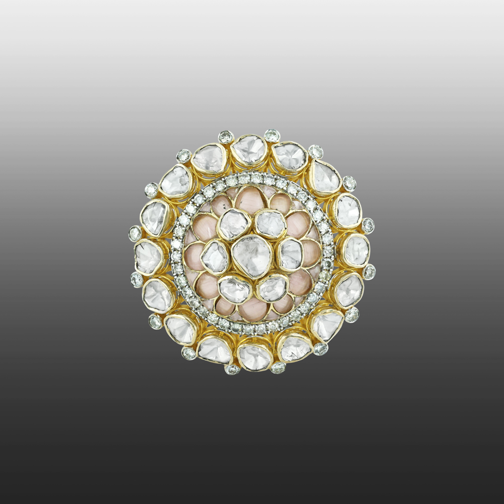 Floral Polki Ring with Pink Morganite Talaf and Diamond Halo